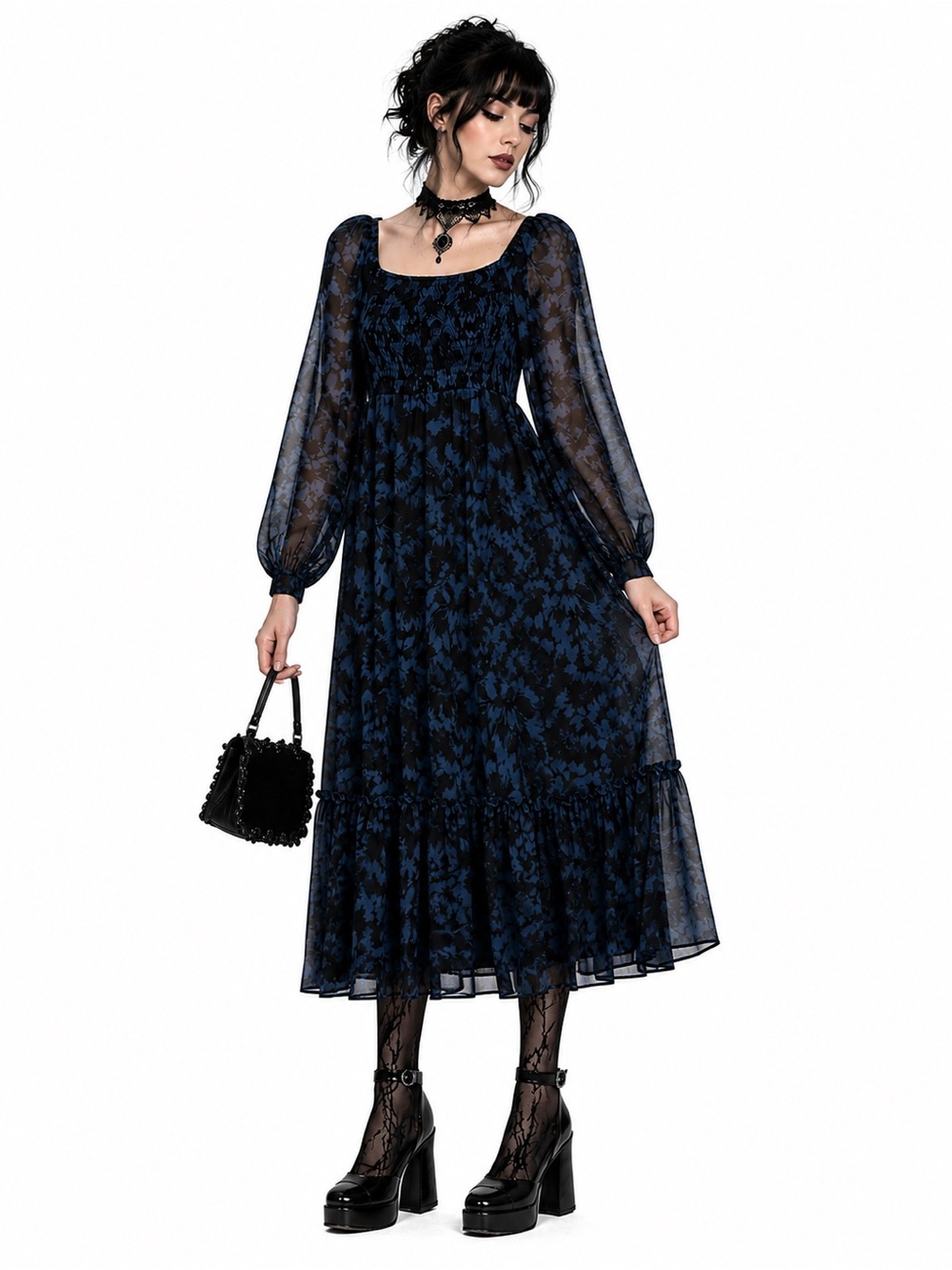 Taylor Navy and Black Floral long sleeves sheer Maxi Dress S